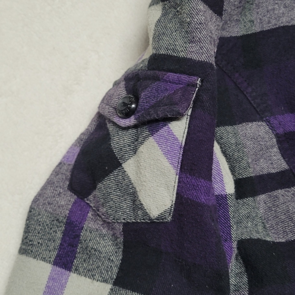 Fox Vintage Y2K Purple Plaid Flannel Black Faux Fur Lined Hooded Bomber Jacket - Picture 7 of 11